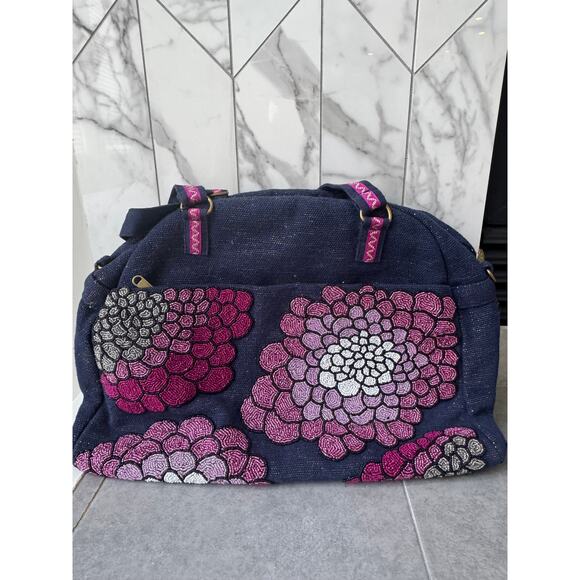 NWT Embroidered Floral Beaded Tote Bag Navy Pink Purple Shoulder Bag - Picture 2 of 7